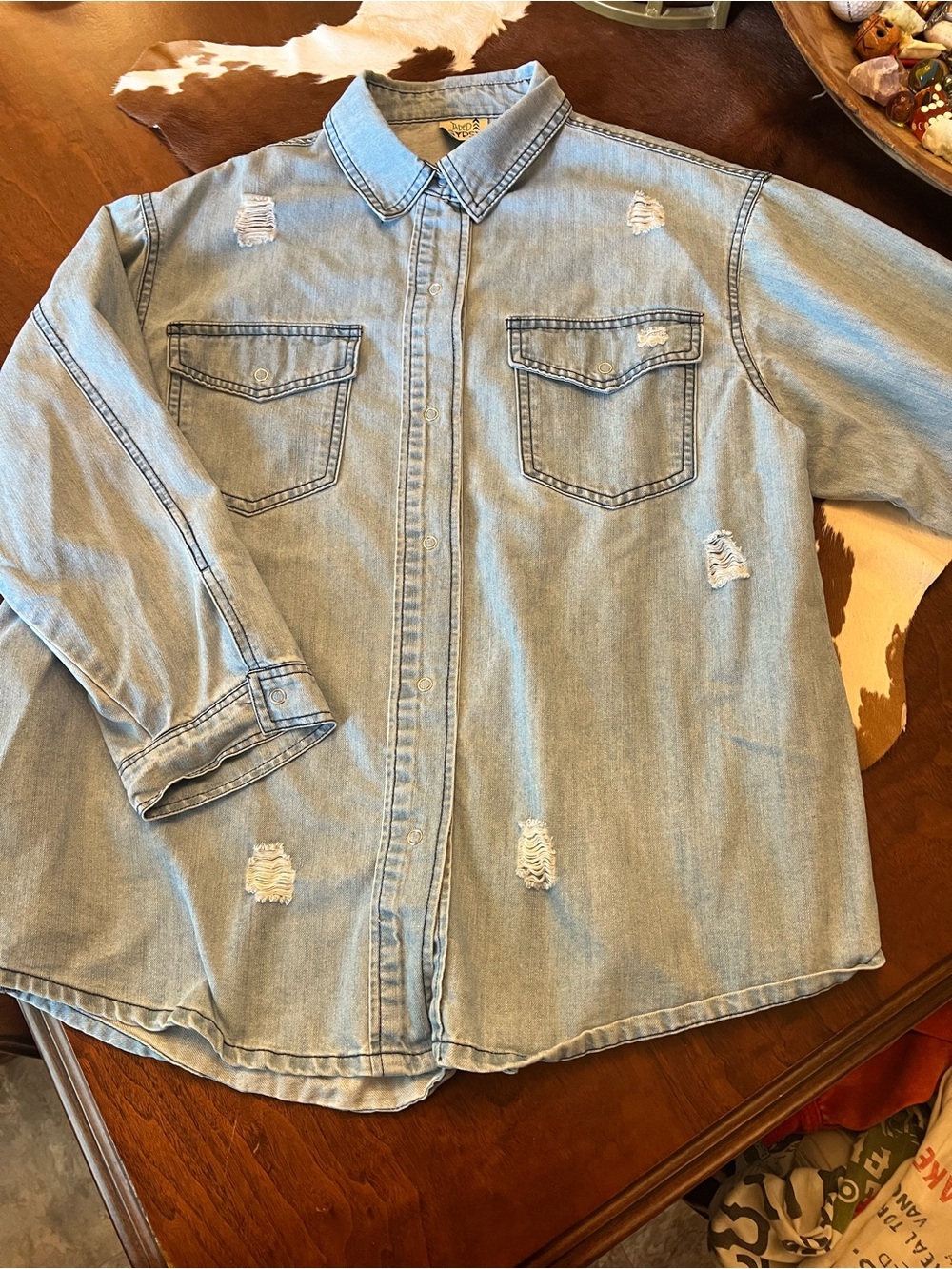 Jaded Gypsy Light Blue Distressed Denim Shirt Jacket